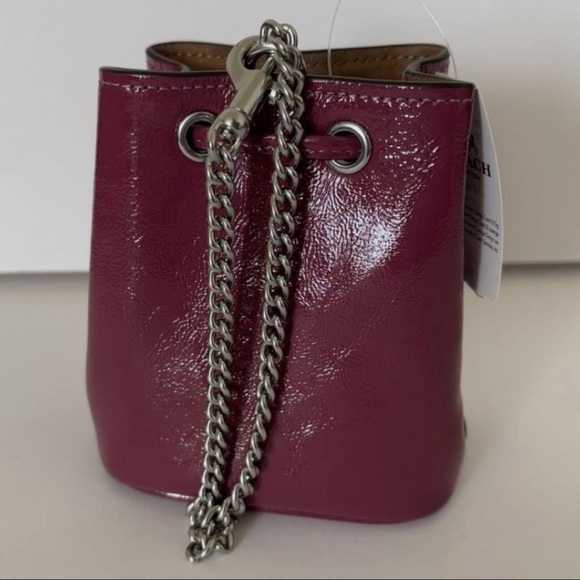 ✨ Coach Mini Bucket Bag Patent Leather in Berry – Chain Crossbody NWT - Picture 6 of 8